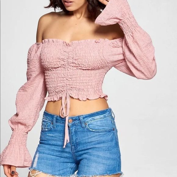 Pink Smocking Off Shoulder Top - Picture 1 of 7